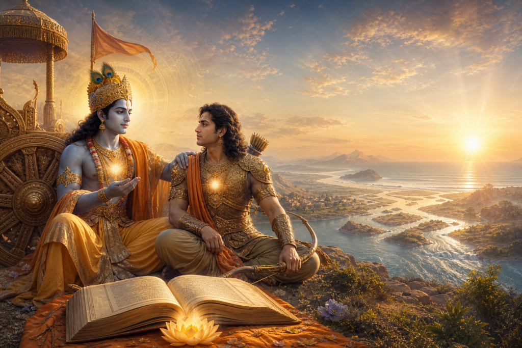 Krishna guiding Arjuna beside a chariot at sunrise in a Bhagavad Gita inspired scene