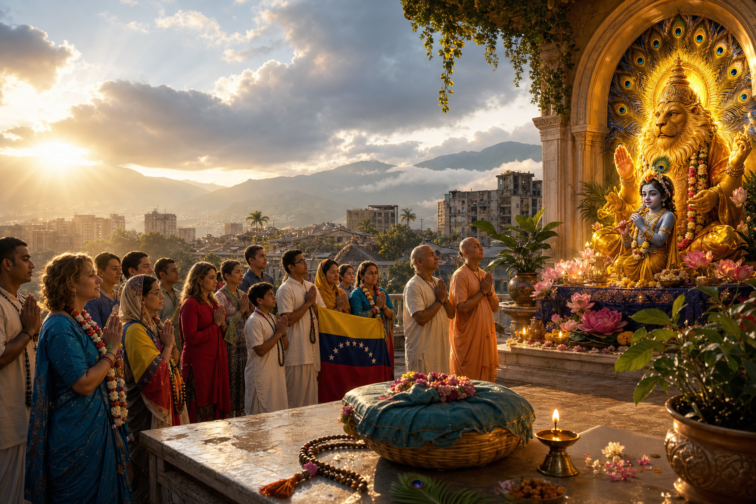 ISKCON Venezuela devotees hold a prayer vigil after an earthquake near a glowing Krishna and Nrsimhadeva altar overlooking Caracas.
