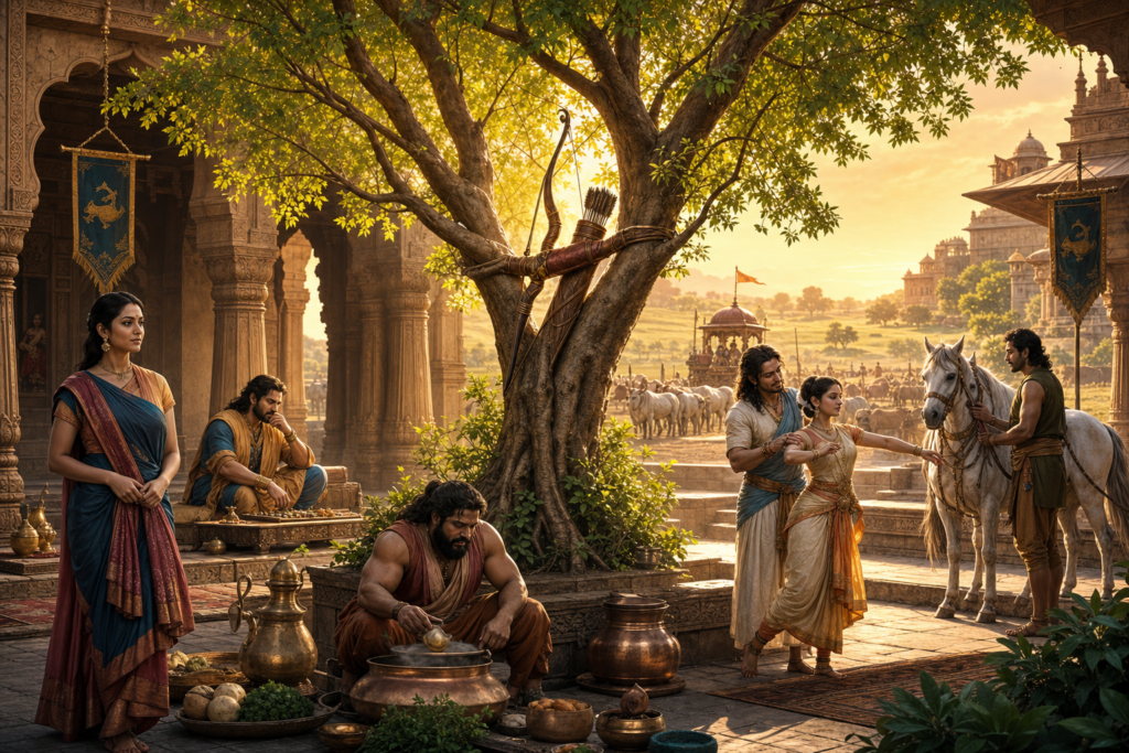 Virata Kingdom scene with a shami tree holding Arjuna’s bow, surrounded by disguised Pandavas in an ancient Indian palace court
