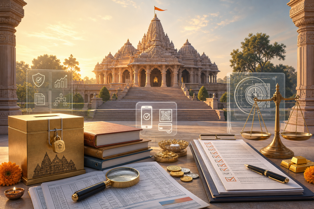 Ram Mandir in Ayodhya with donation box, audit records, digital receipts and scales of justice at sunrise