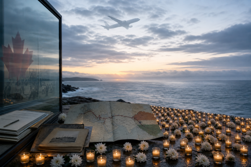 Solemn Air India Flight 182 memorial by the Atlantic with candles, white flowers, documents, a route map, and a faint aircraft silhouette at dawn.