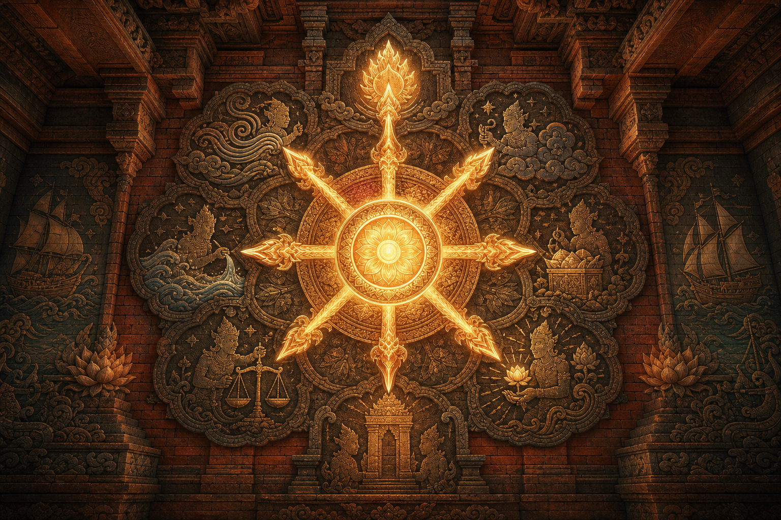 Glowing Surya Majapahit eight-rayed solar mandala carved inside an ancient East Javanese temple