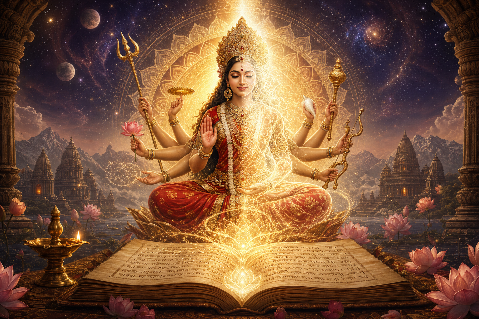 Goddess Durga radiates golden light above an ancient scripture in a cosmic temple scene.