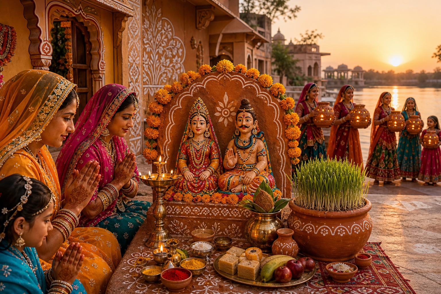 Rajasthani women perform Gangaur Teej Vrat puja at a decorated Gauri-Isar altar with sprouts, diyas, and offerings.