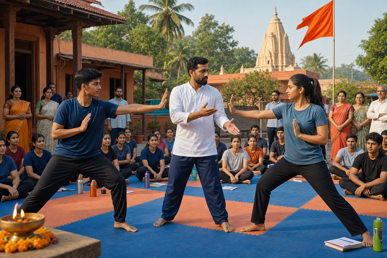 Instructor guides two young adults practicing calm self-defence stances at a Maharashtra youth training camp.