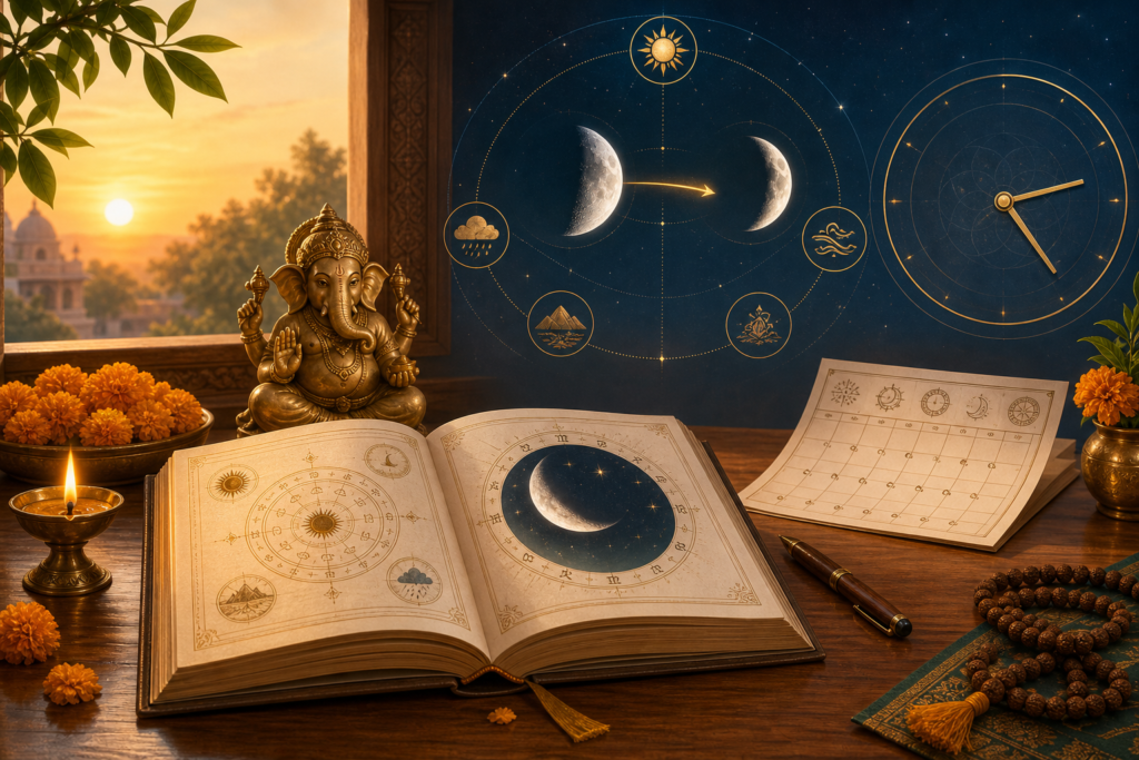 Hindu Panchang planning scene with Ganesha idol, diya, marigolds, almanac, and waning moon phase overlay