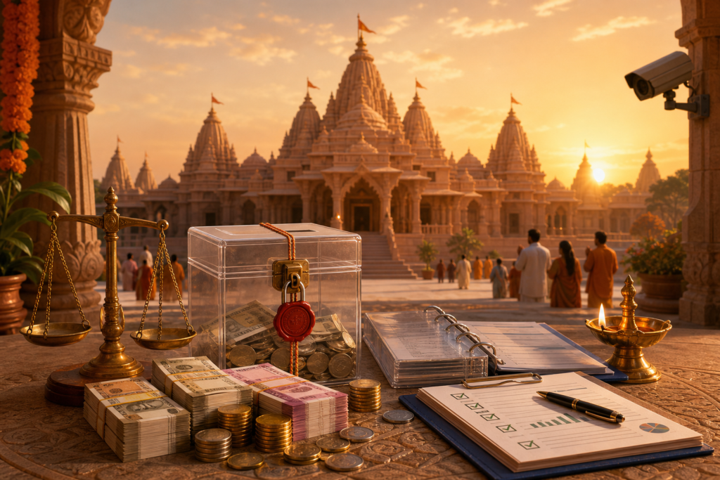 Donation box, Indian currency, audit papers, and a brass diya before a grand Hindu temple at sunset