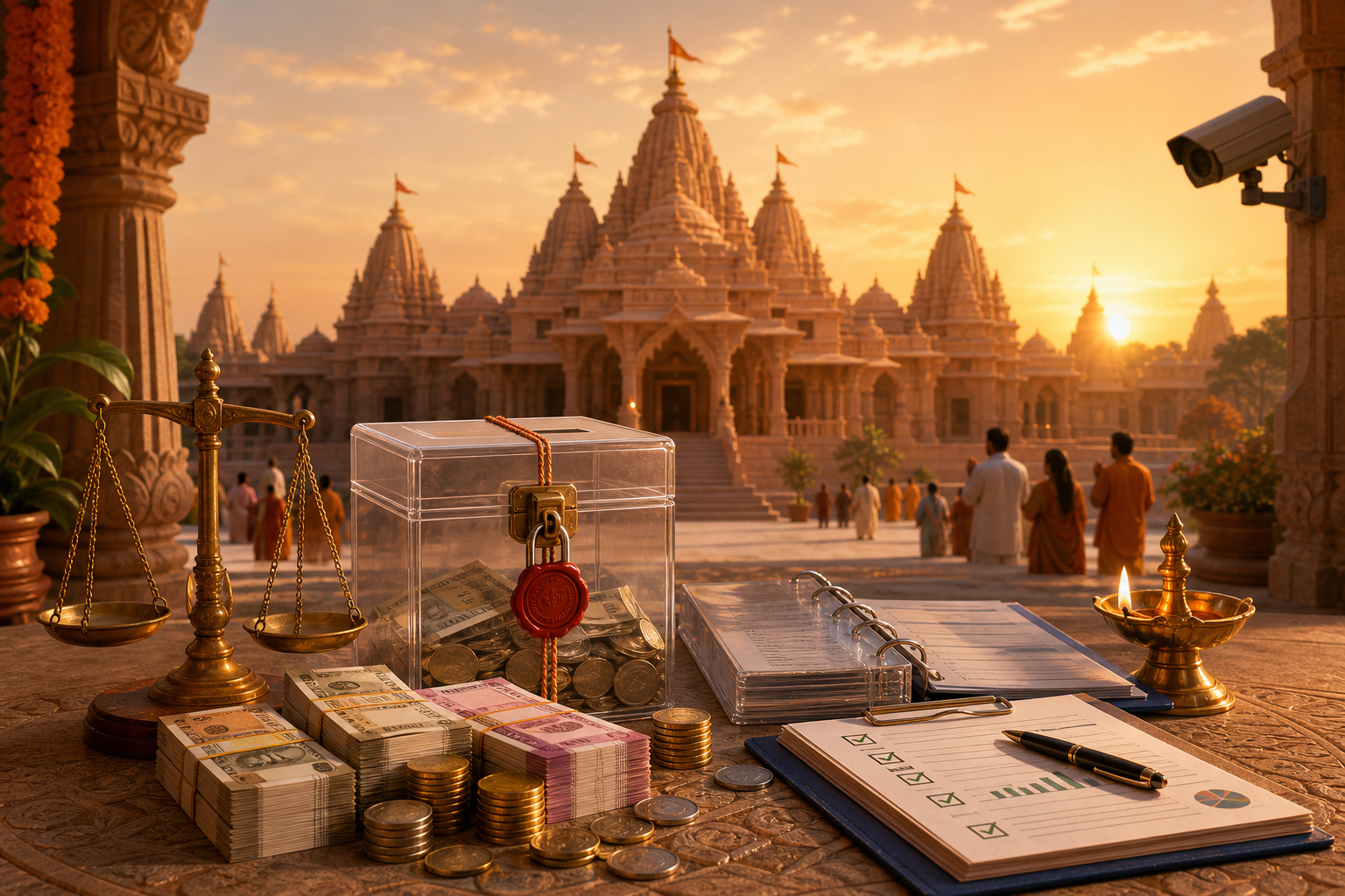 Donation box, Indian currency, audit papers, and a brass diya before a grand Hindu temple at sunset