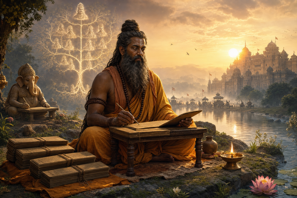Veda Vyasa writing palm-leaf manuscripts beside a river at sunrise, with Ganesha, Vedic texts, a lineage tree, and Hastinapura in the distance.
