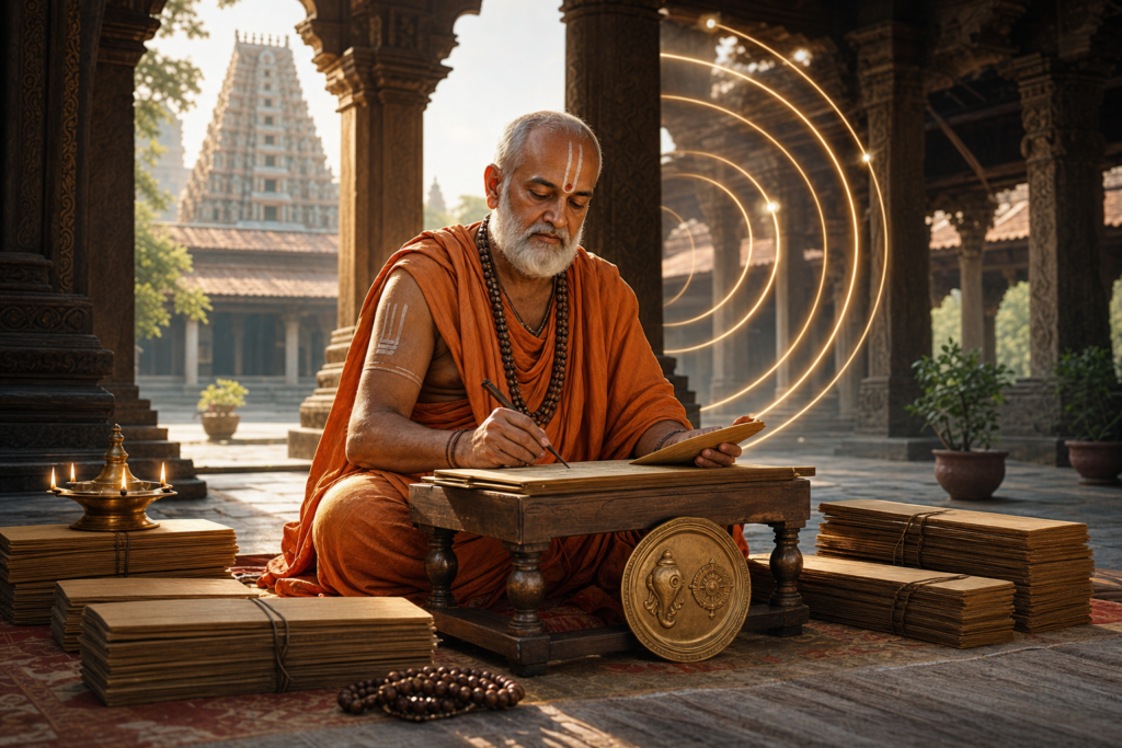 South Indian Dvaita Vedanta monk writing palm-leaf manuscripts in a temple courtyard