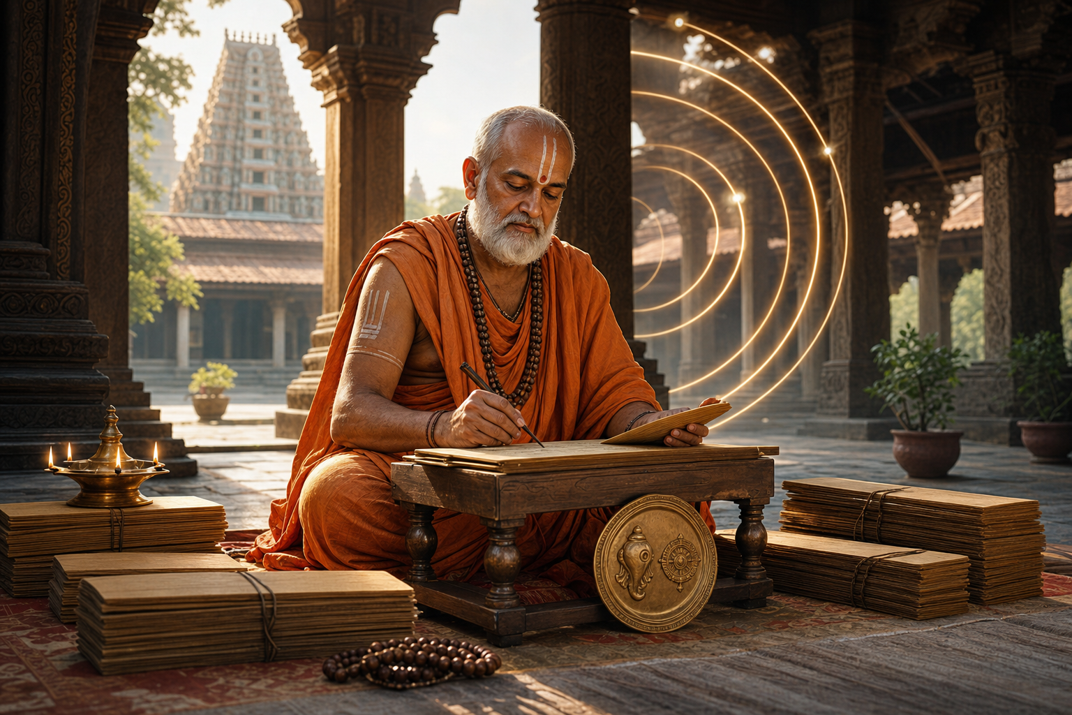 South Indian Dvaita Vedanta monk writing palm-leaf manuscripts in a temple courtyard