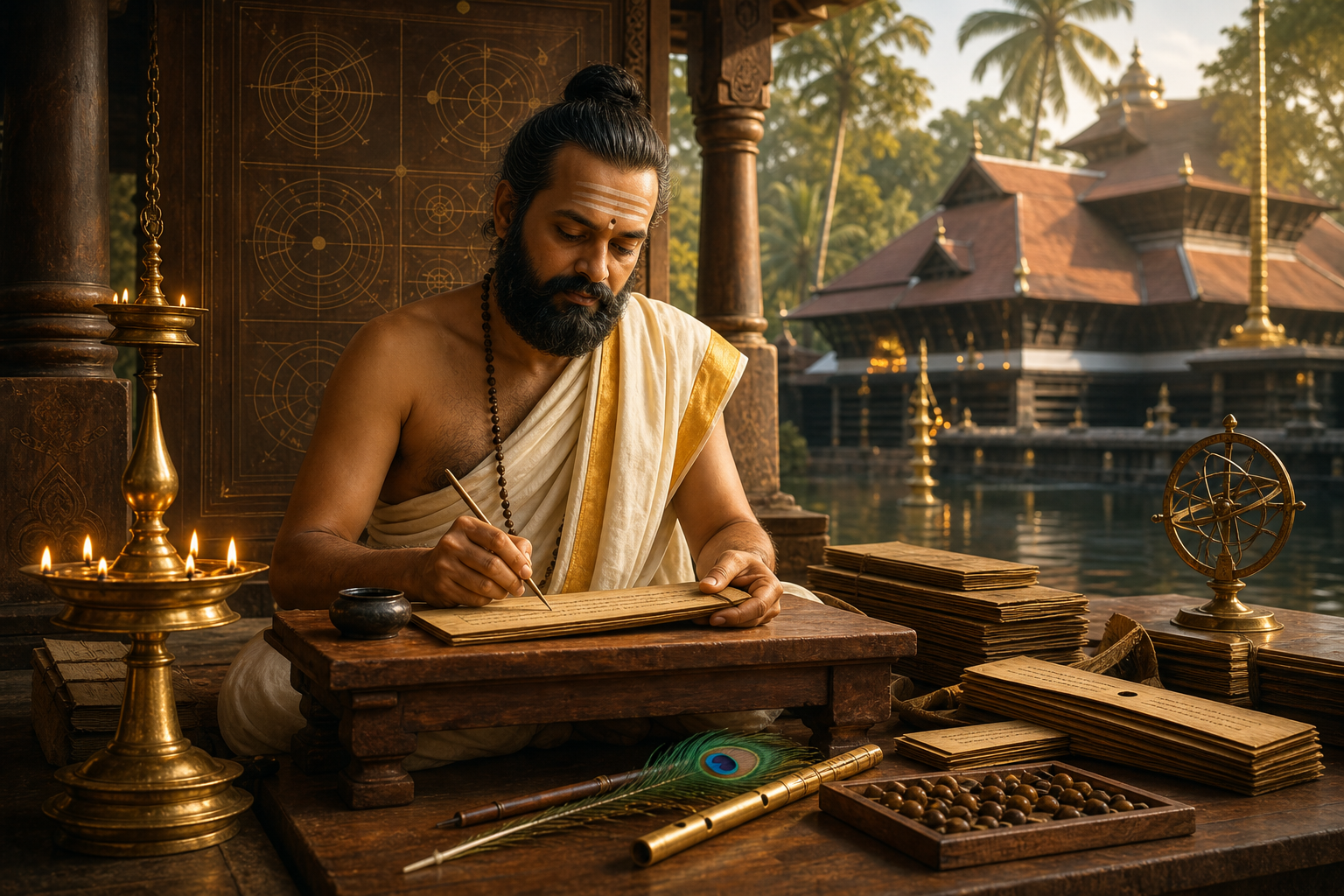 Kerala Sanskrit scholar writing palm-leaf manuscripts beside a brass oil lamp and Guruvayur-style temple courtyard