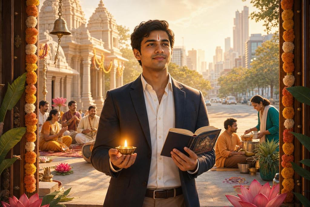 Young Hindu devotee in a blazer holding a Bhagavad Gita and glowing diya at a sunlit temple entrance