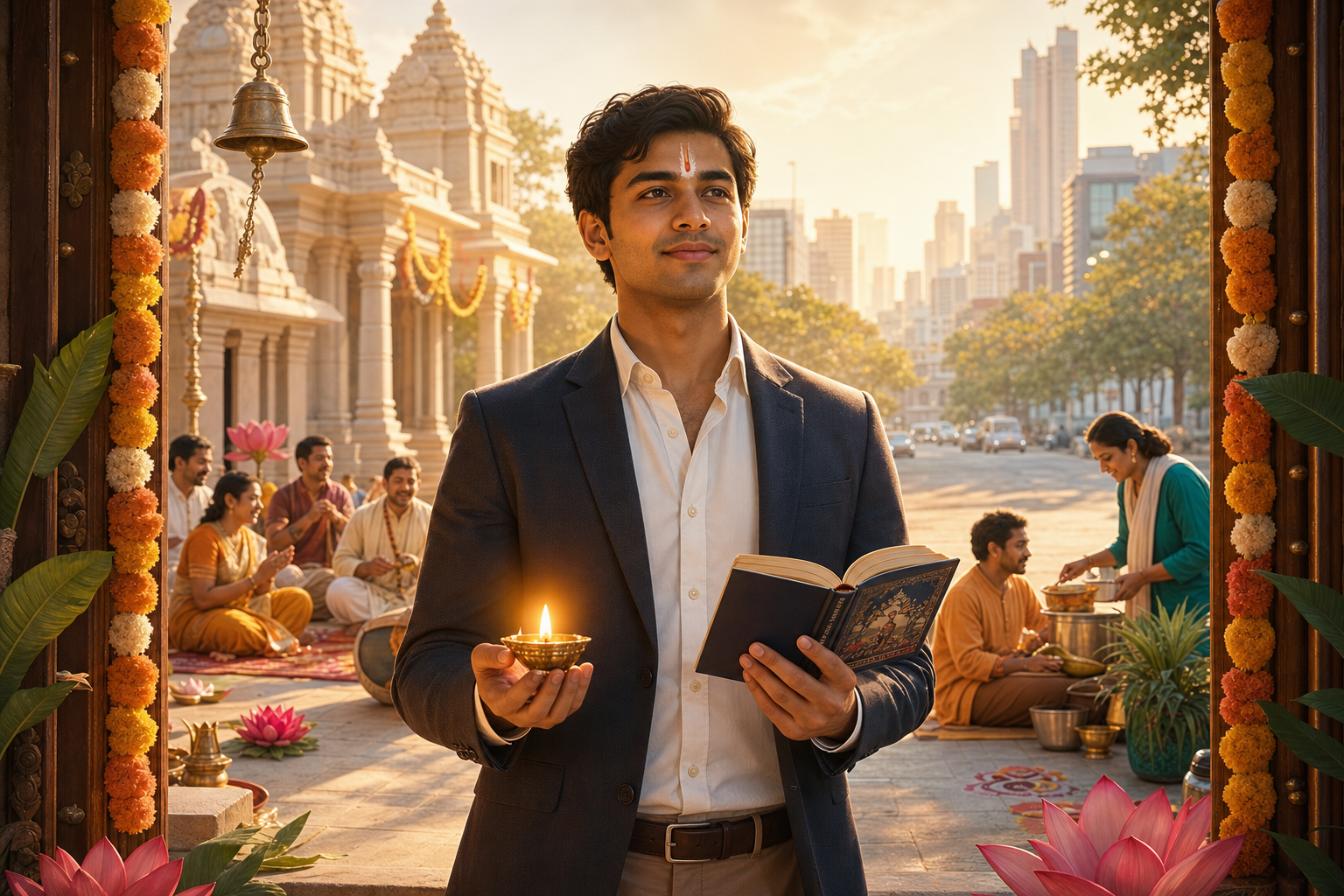 Young Hindu devotee in a blazer holding a Bhagavad Gita and glowing diya at a sunlit temple entrance