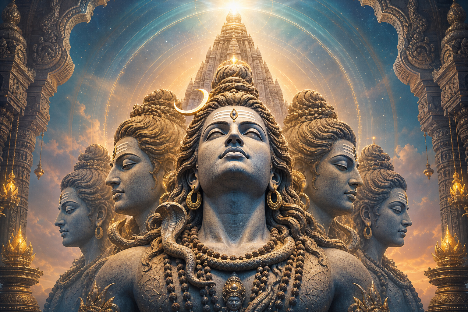 Ishana Shiva murti with five serene faces, crescent moon, rudraksha beads, temple pillars, and radiant sacred aura