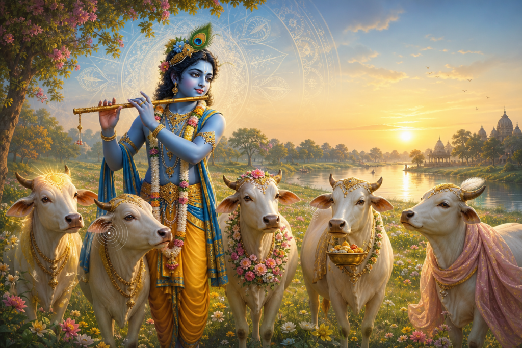 Lord Krishna playing a flute with five sacred cows at sunrise in Vrindavan