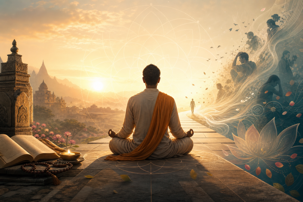 Meditating practitioner at sunrise with temple silhouettes, scripture, mala beads, lotus geometry, and thoughts dissolving into light