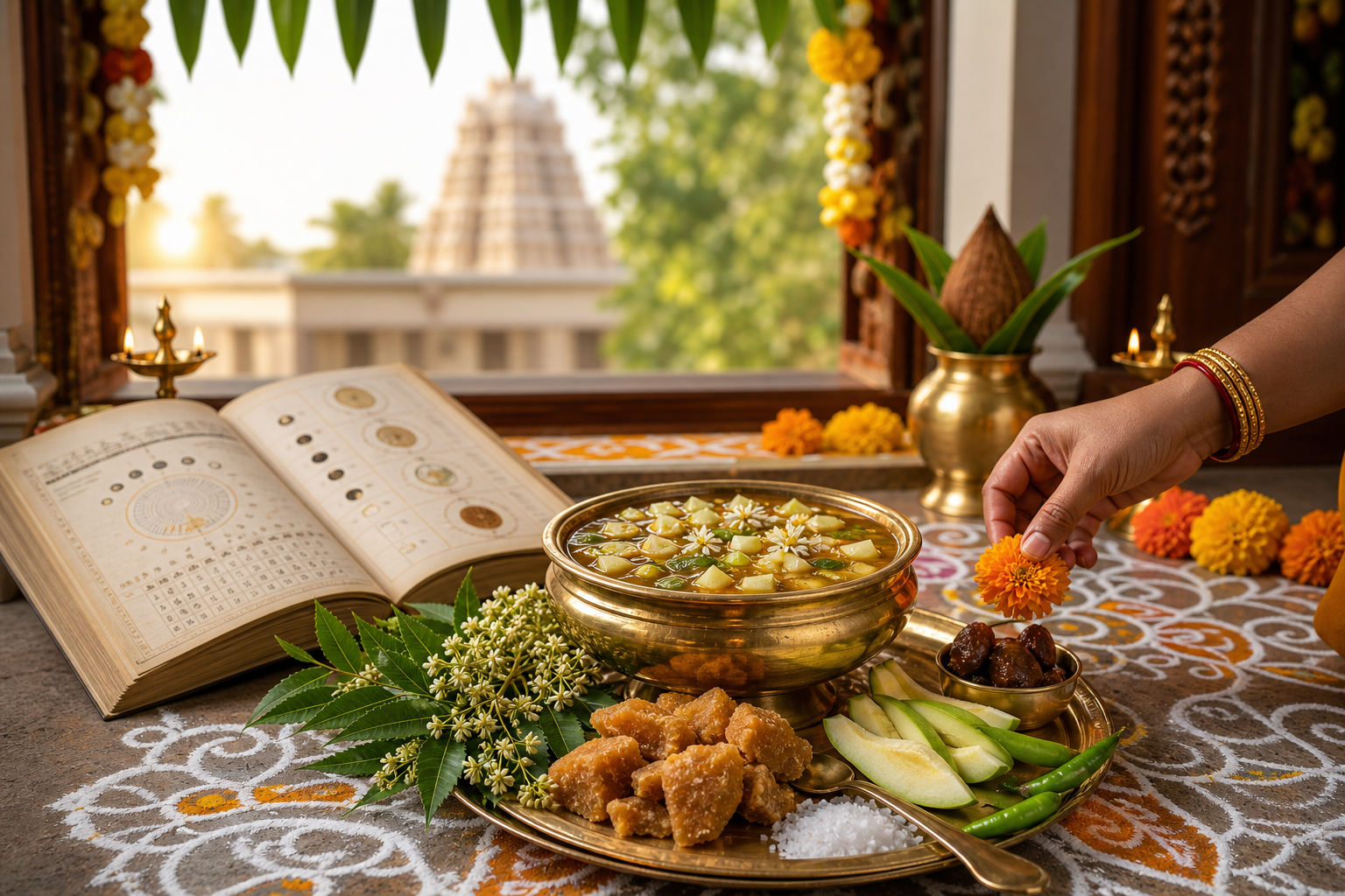 Ugadi Pachadi with neem, mango, jaggery and festive South Indian New Year offerings