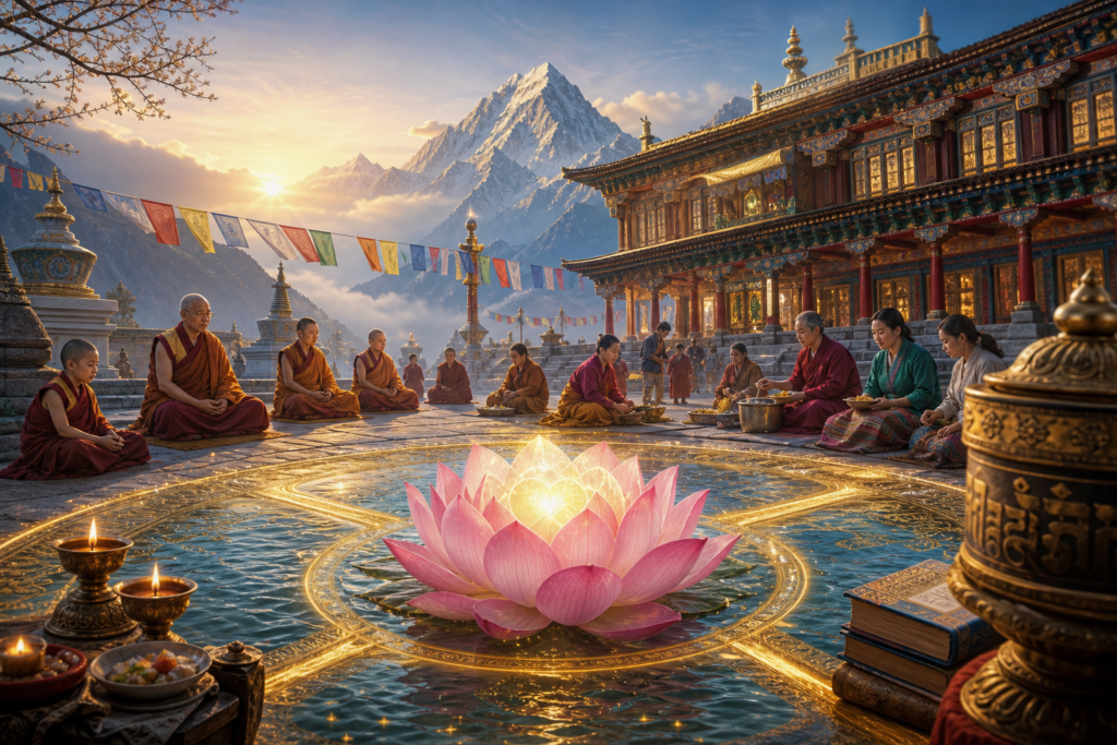Radiant lotus in a Tibetan monastery courtyard at Himalayan sunrise