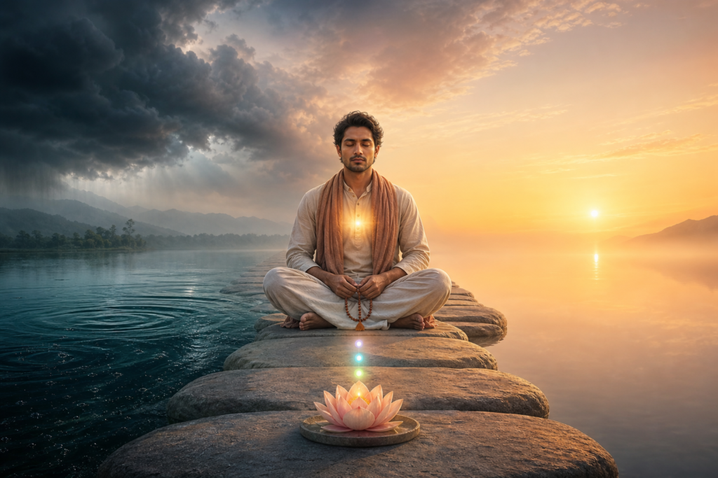 Meditation practitioner seated on stones between stormy water and sunrise