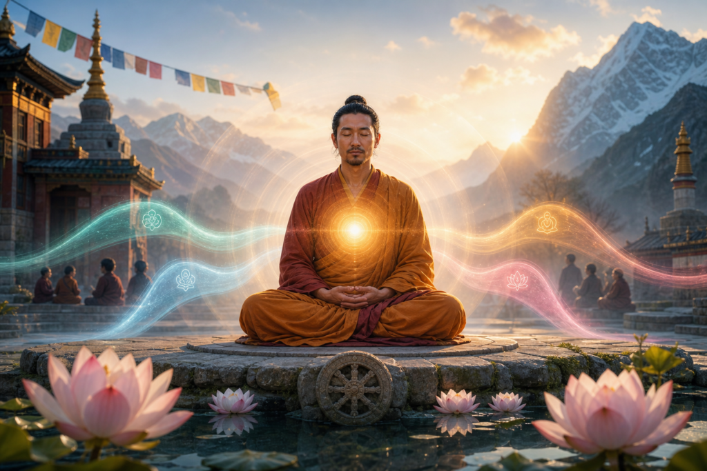 Meditator with glowing heart at a dawn mountain monastery surrounded by lotus flowers and luminous compassion streams