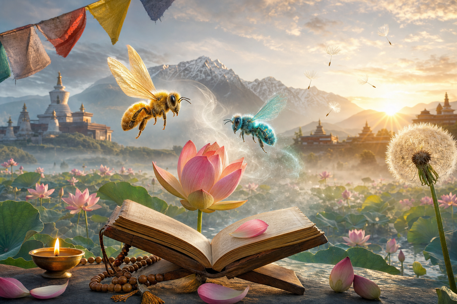 Two luminous bees hover above a lotus and open Buddhist scripture in a Himalayan dawn garden.