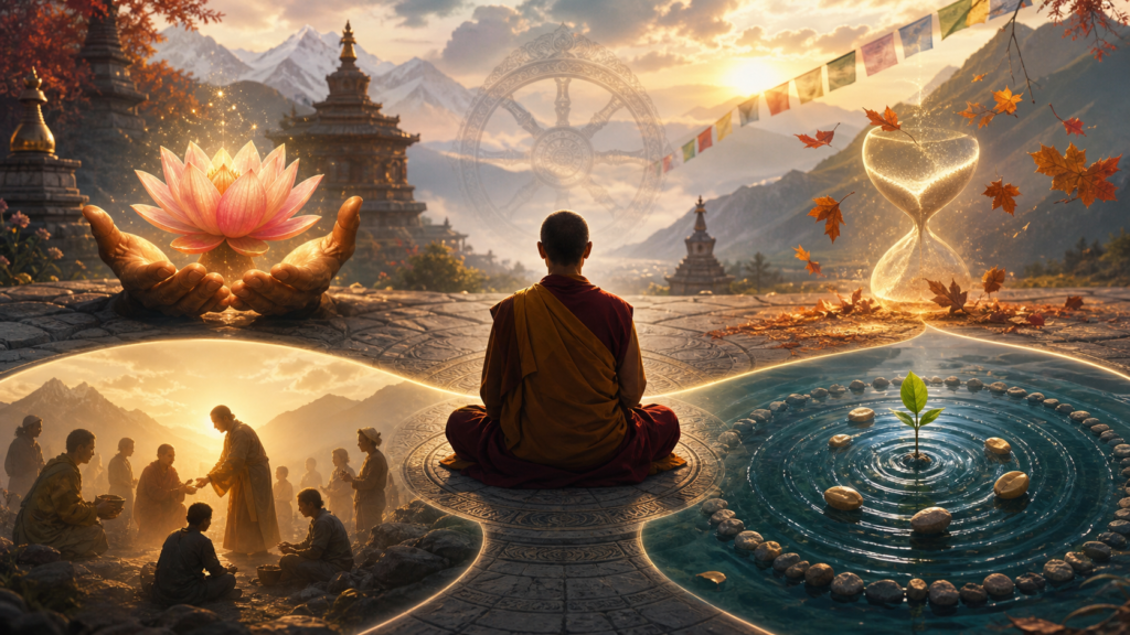 Meditating monk in a Himalayan monastery courtyard surrounded by lotus, hourglass, compassion, and karma symbols.