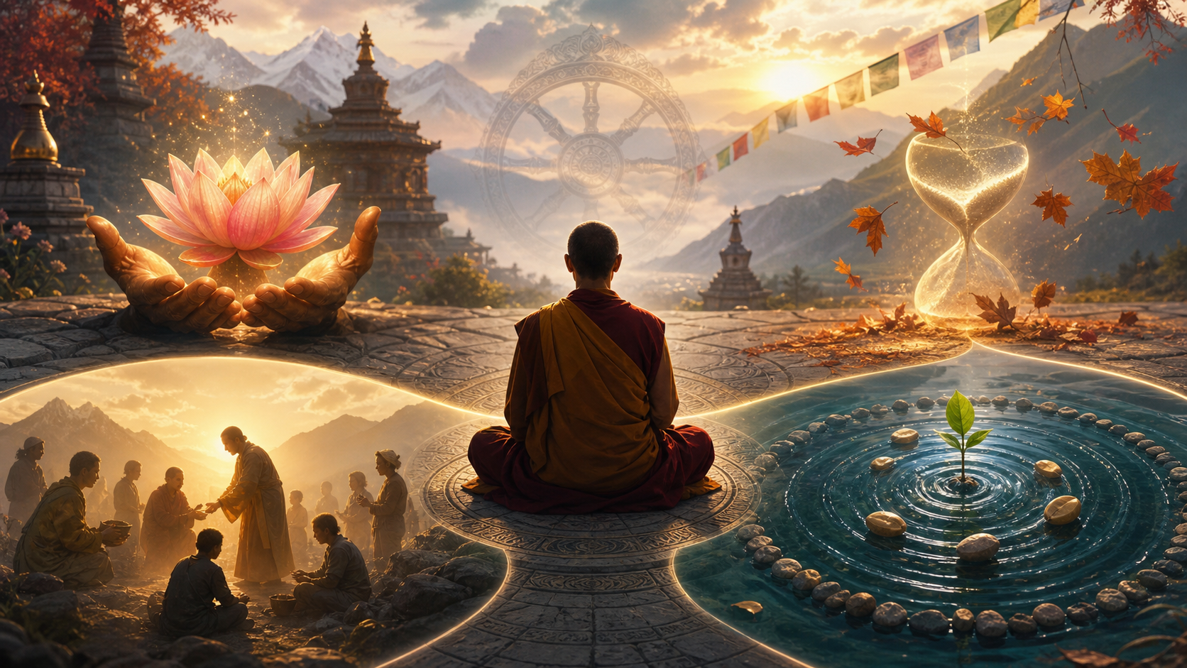Meditating monk in a Himalayan monastery courtyard surrounded by lotus, hourglass, compassion, and karma symbols.