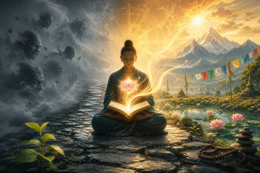 Meditator with glowing lotus and Dharma book between shadowy fog and sunlit Himalayan landscape