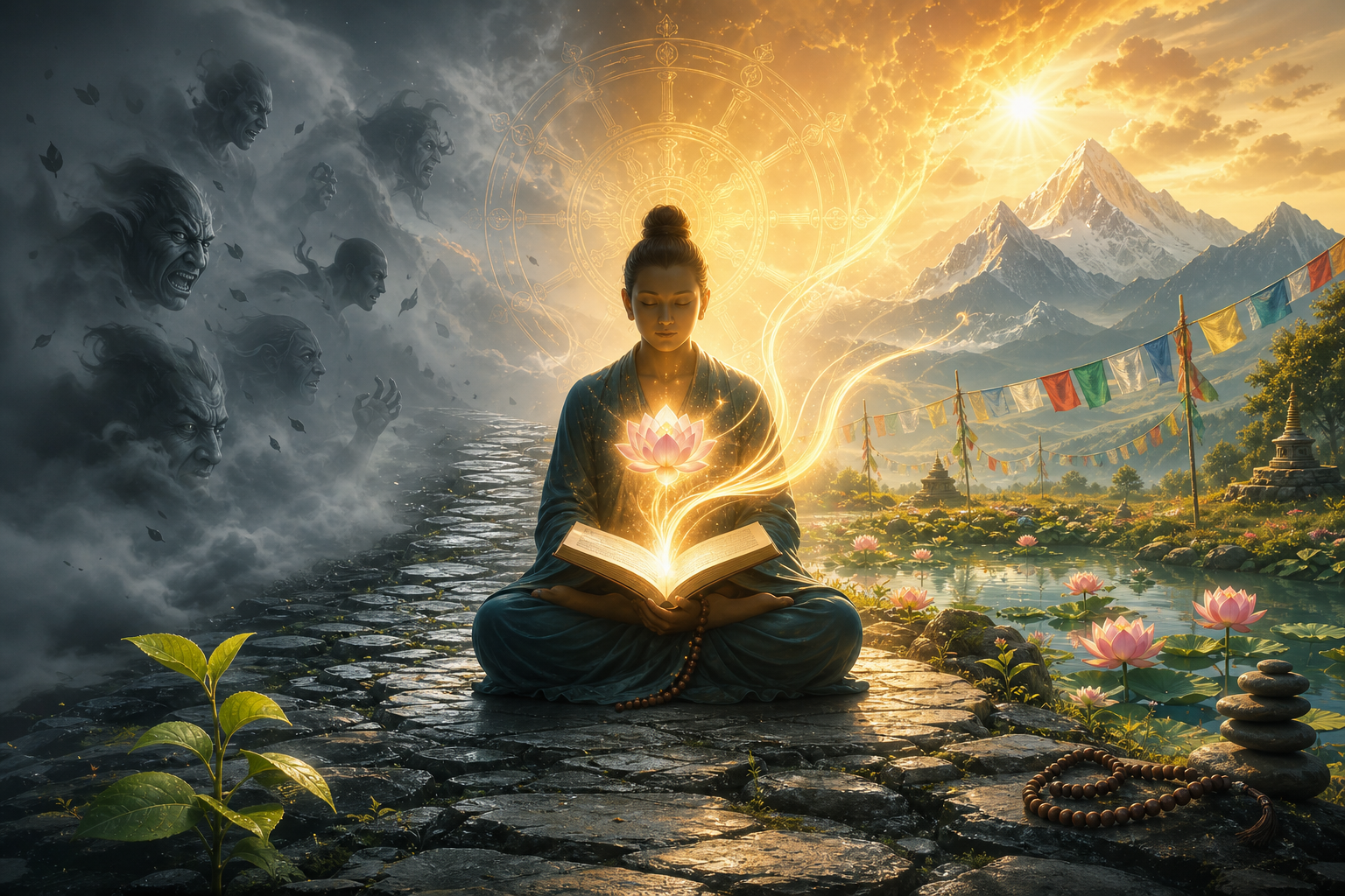 Meditator with glowing lotus and Dharma book between shadowy fog and sunlit Himalayan landscape
