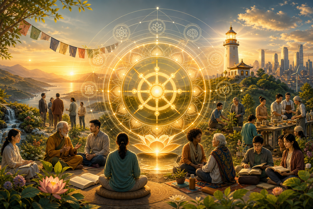 Glowing Dharma wheel mandala surrounded by an intergenerational community in meditation, study, service, and ecological care at sunrise.