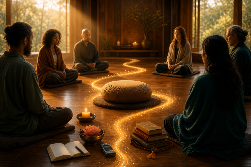 Empty meditation cushion encircled by students in a sunlit hall, with a candle and golden light symbolizing spiritual lineage.