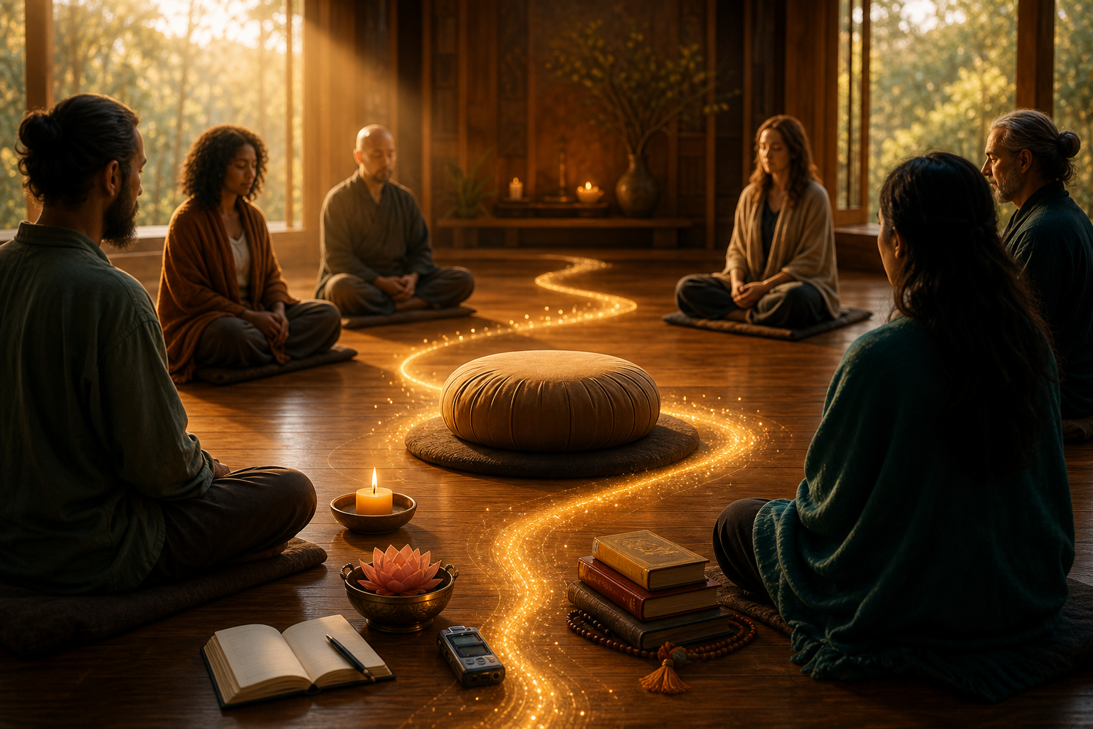 Empty meditation cushion encircled by students in a sunlit hall, with a candle and golden light symbolizing spiritual lineage.