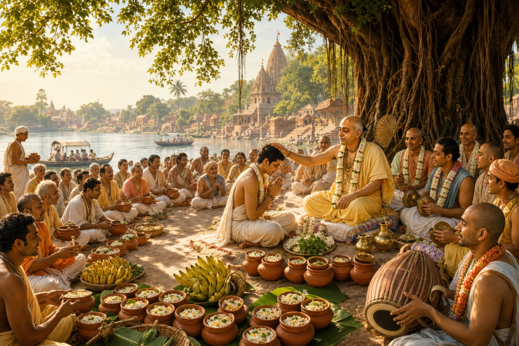 Panihati Chida-Dahi Festival feast with a Vaishnava seeker receiving a blessing by the Ganga