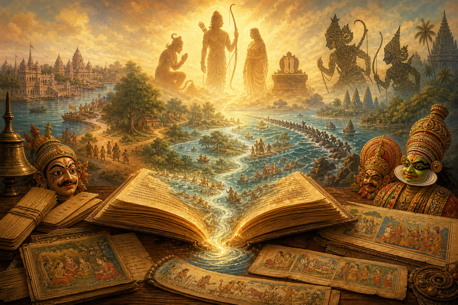 Illustration of the Ramayana as a glowing manuscript flowing into a sacred river of stories
