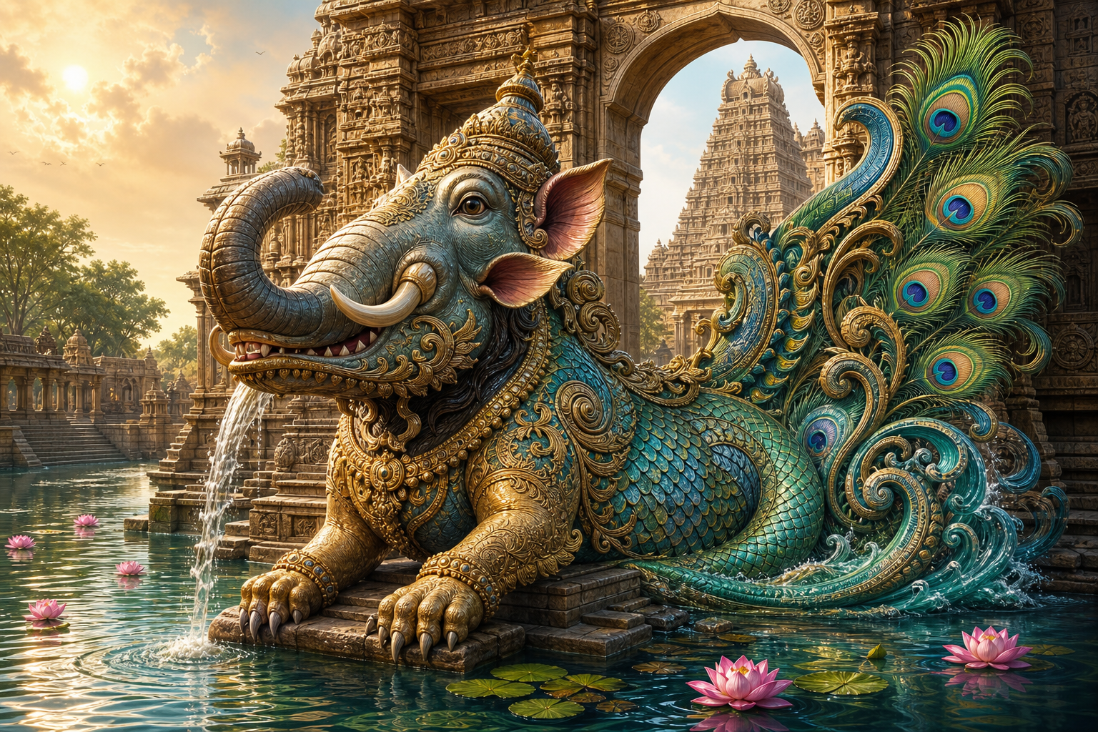 Majestic Makara guardian with elephant trunk, fish scales, lion paws, and peacock tail beside a South Indian temple water gateway
