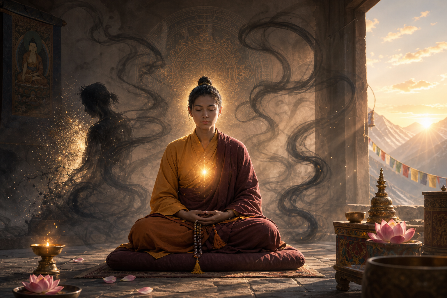 Dharma practitioner meditating in a Himalayan temple as smoky shadows dissolve in golden dawn light