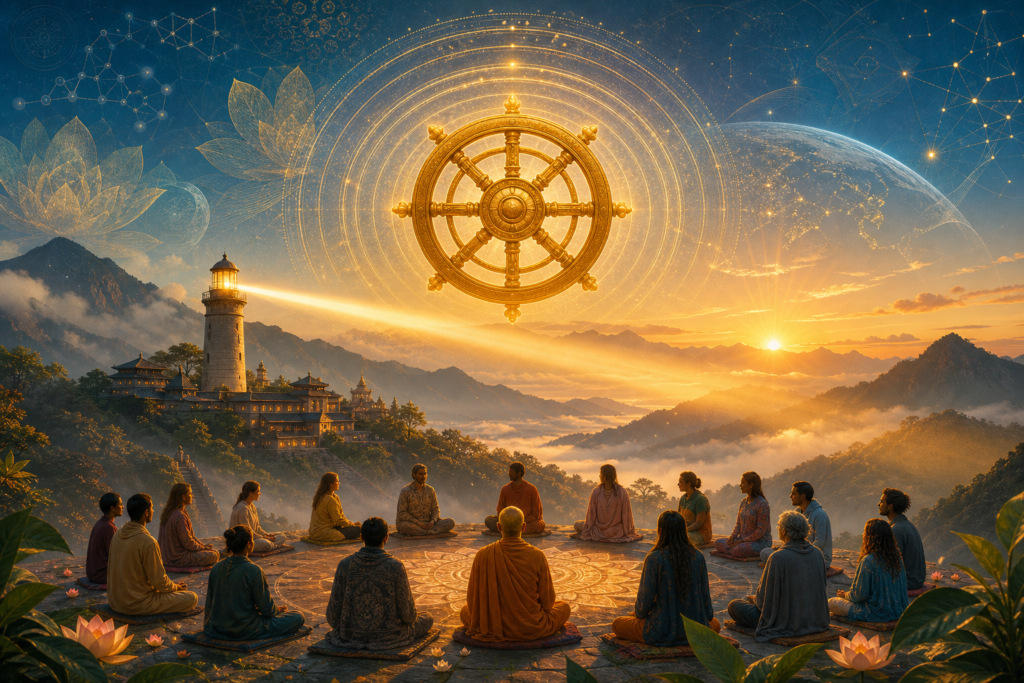 Dharma wheel glowing over a dawn mountain meditation center with lighthouse, lotus motifs, and seated practitioners