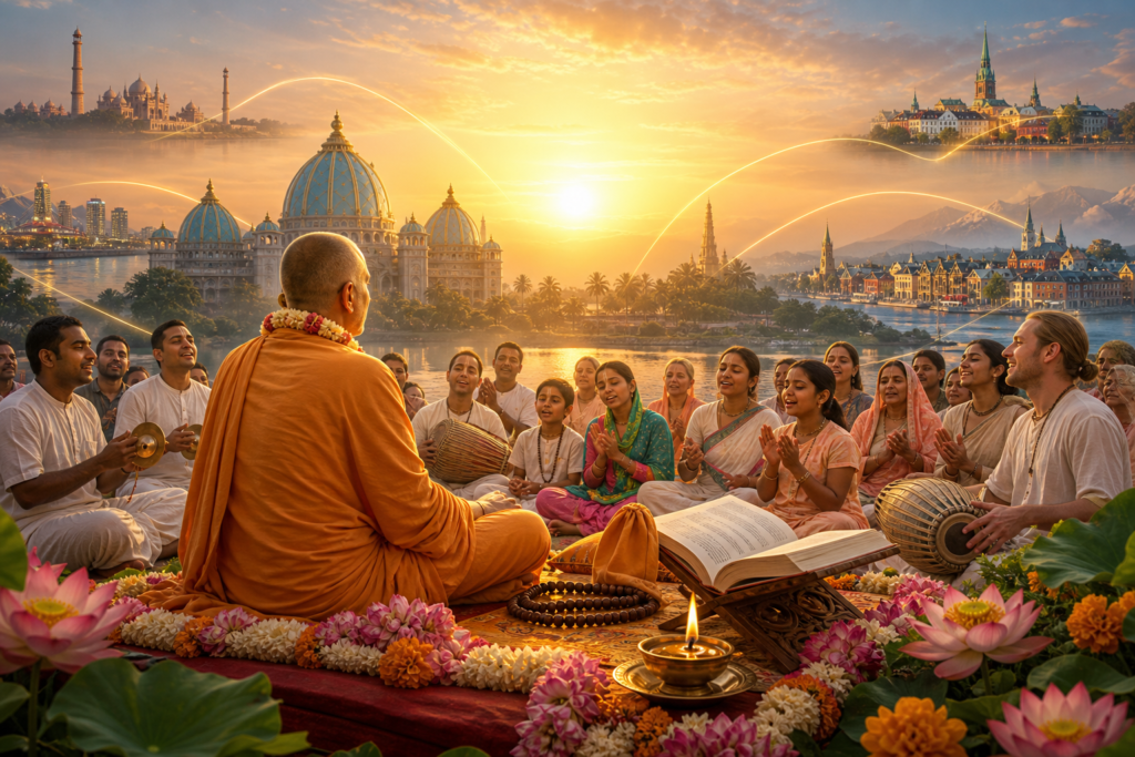 Saffron-robed Vaishnava monk leading kirtan at sunrise with devotees, scripture, prayer beads, flowers, oil lamp, temples, and golden global light paths.