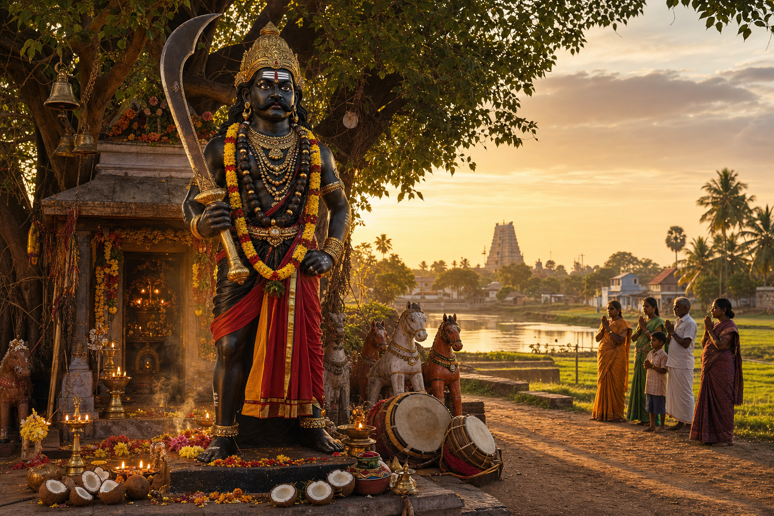 Chinna Karuppar guardian deity at a Tamil village shrine during golden hour