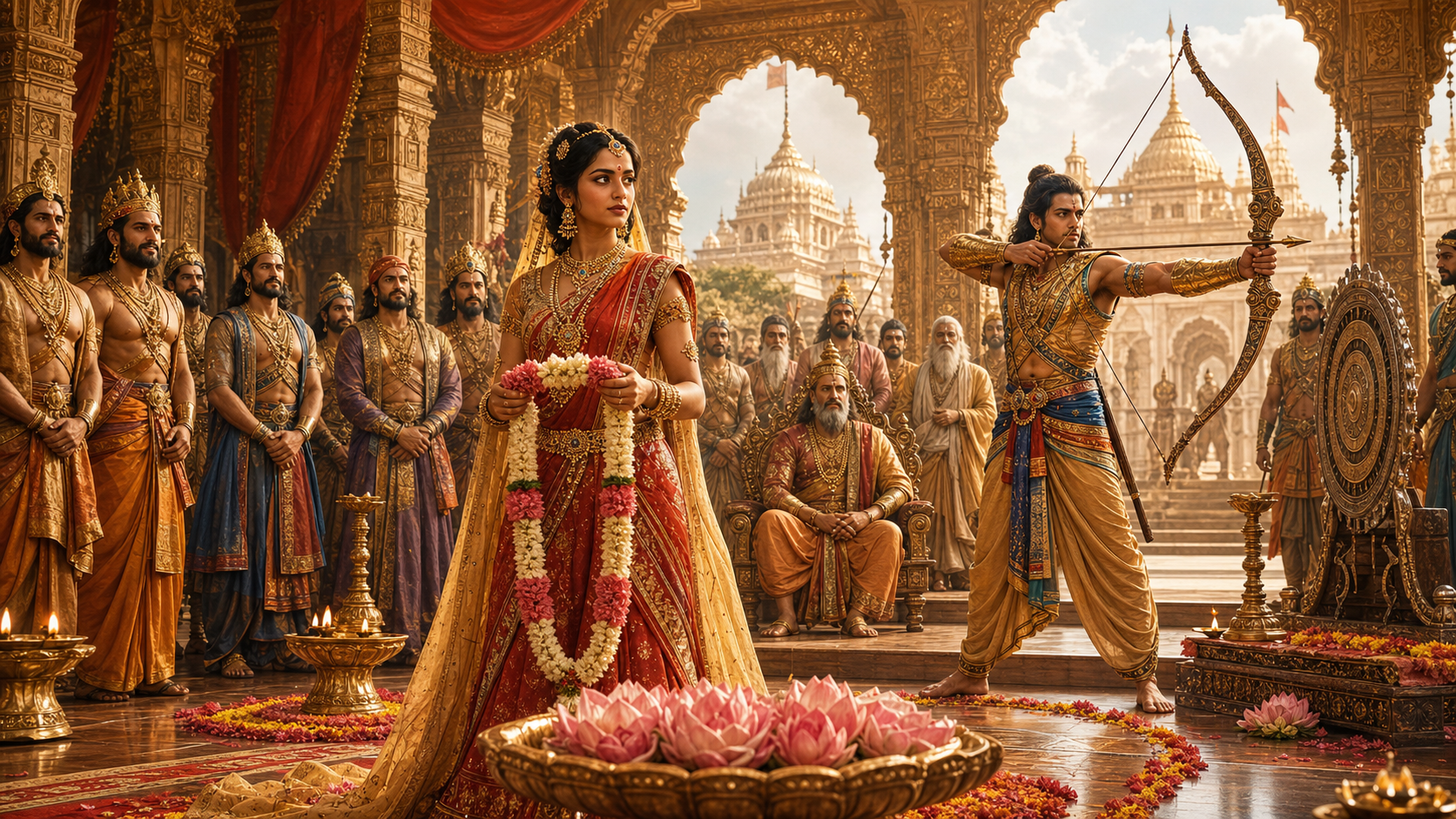 Ancient Indian royal assembly with a princess holding a garland as a warrior completes a ceremonial bow trial