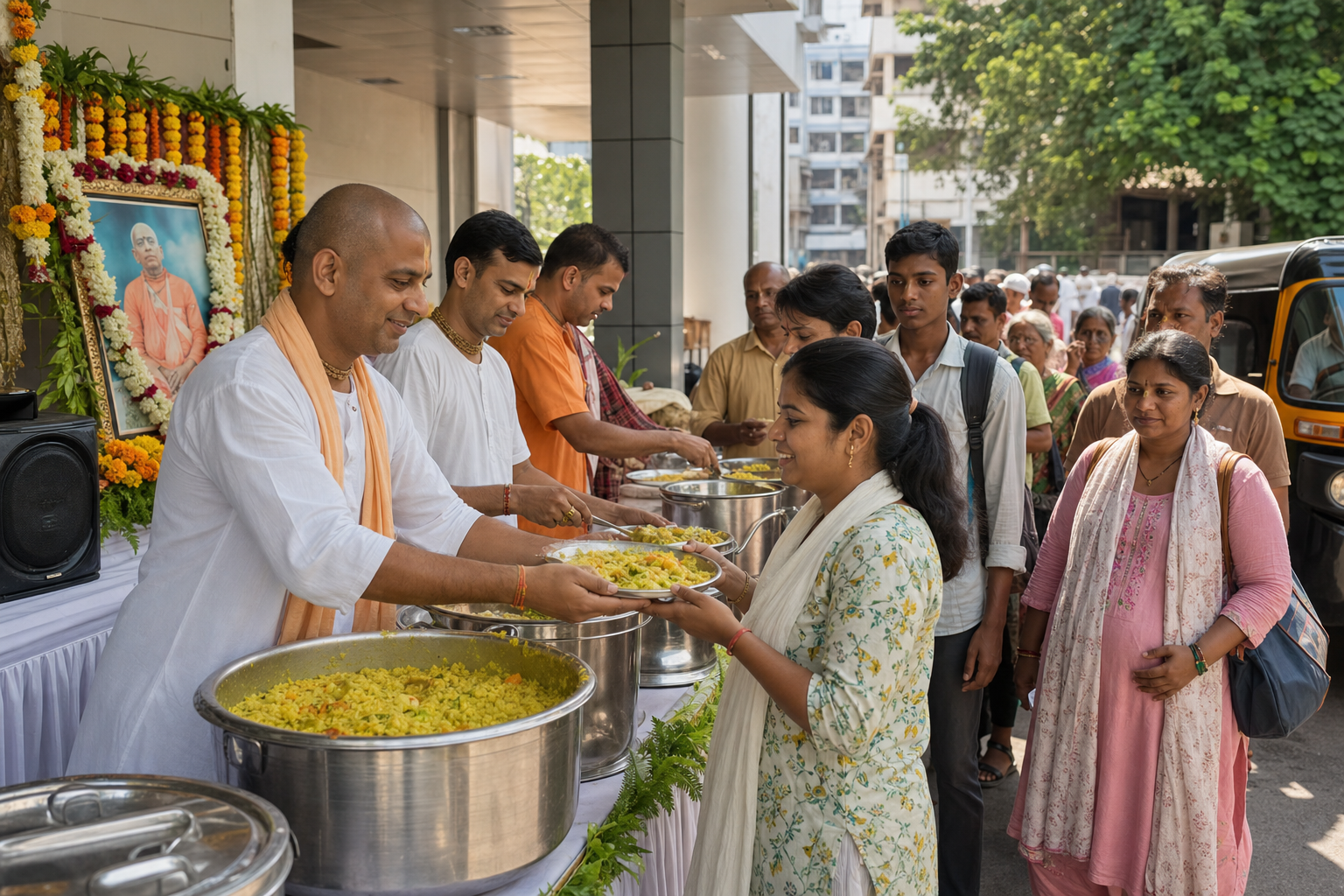 Hare Krishna volunteers serving hot khichadi prasadam to a community queue in Mumbai