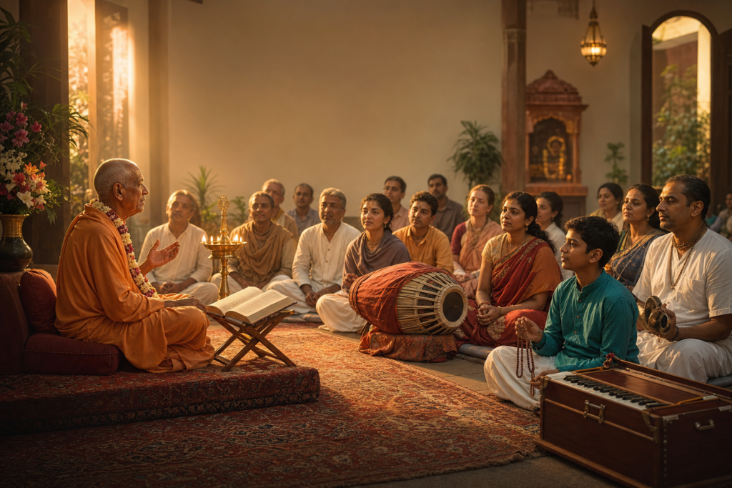 Elderly Vaishnava monk teaching a Gaudiya satsanga with devotees, scripture, lamp, harmonium and mridanga in warm temple light