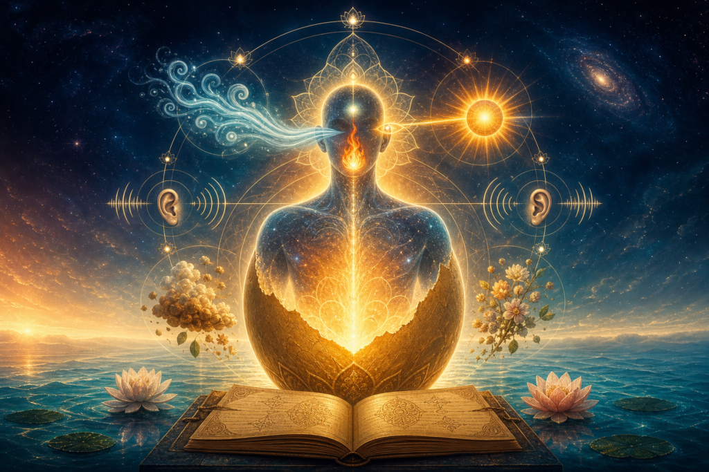 Vedic cosmic creation scene with universal form emerging from a golden cosmic egg over causal waters