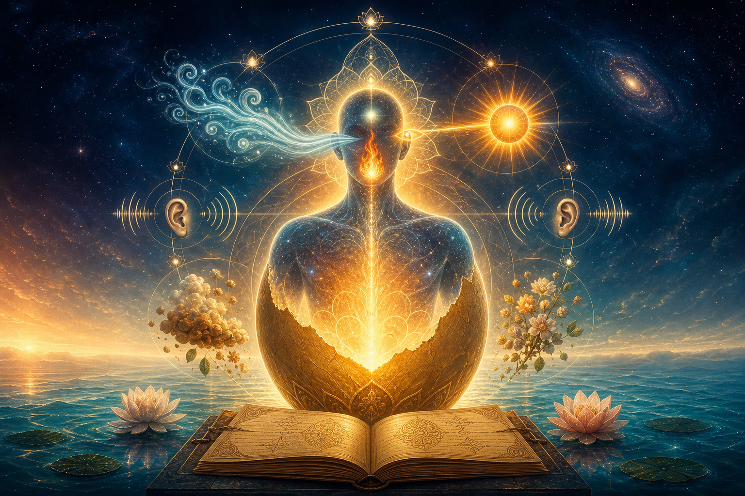 Vedic cosmic creation scene with universal form emerging from a golden cosmic egg over causal waters