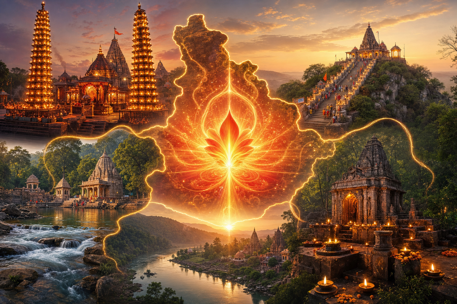 Radiant Devi Shakti aura over Madhya Pradesh temples, rivers, hills, diyas, and pilgrimage sites