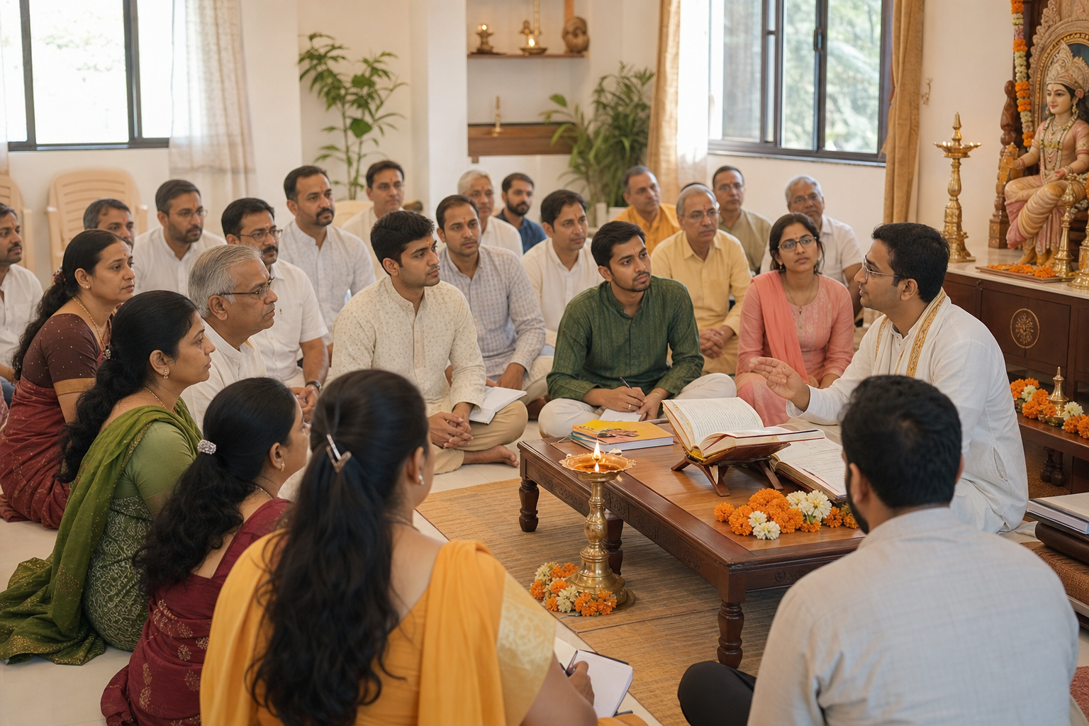 Hindu community spiritual education gathering with a teacher, scriptures, diya lamp, and seated participants in a hall