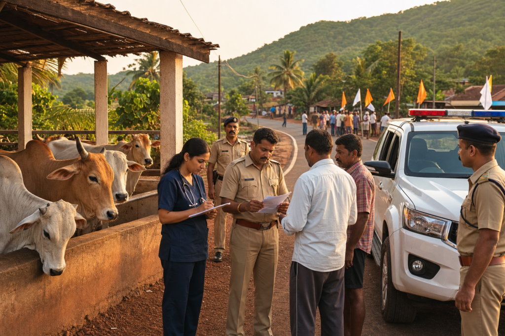 Indian police and a veterinarian inspect cattle transport documents at a rural Ratnagiri roadside checkpoint.