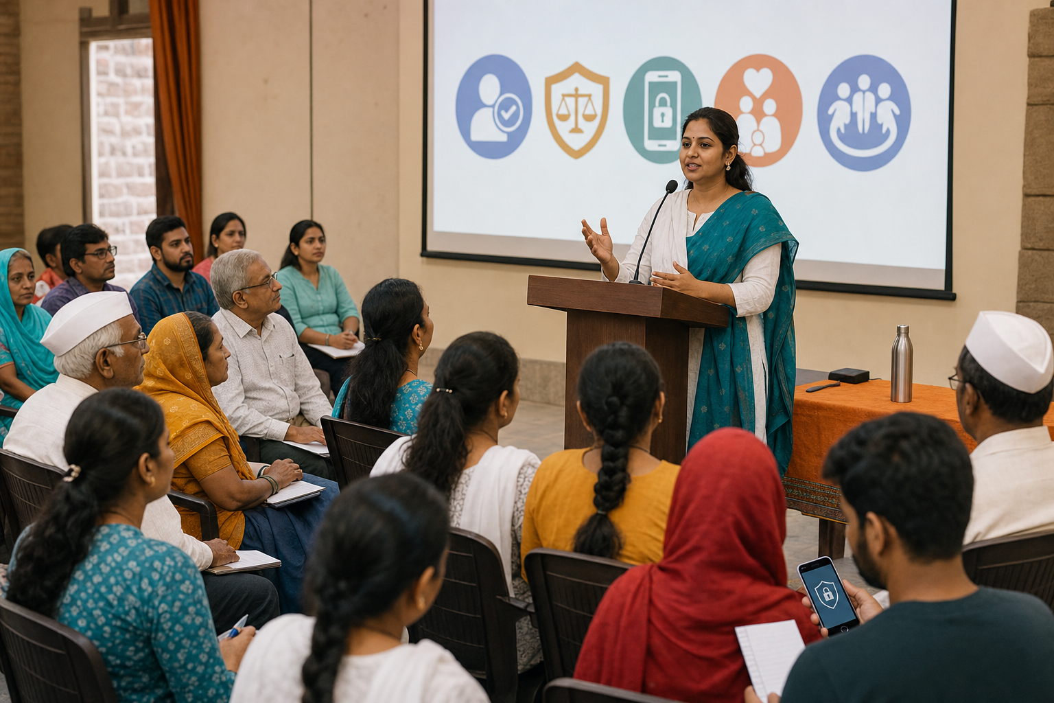 Female speaker leads a community public safety awareness lecture in Maharashtra with families and elders listening.