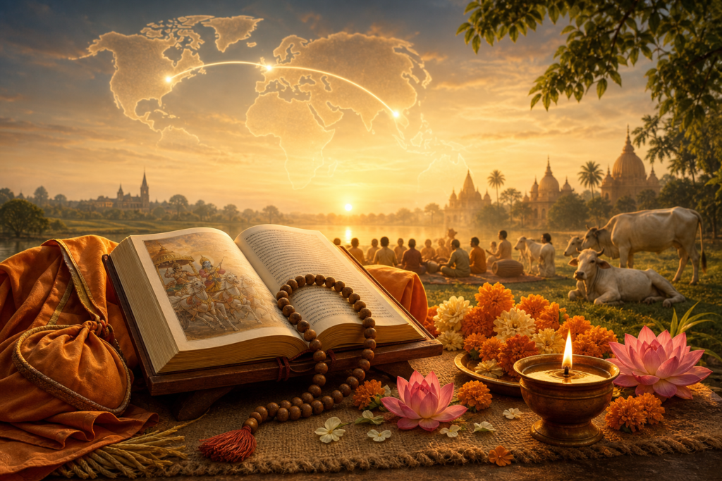 Open Bhagavad Gita with japa mala, flowers, oil lamp, devotees, cows, and temple horizon at golden dawn